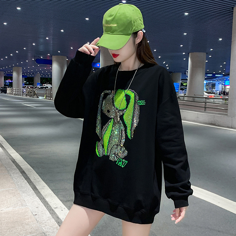 Suéter de las mujeres oversize alta calle moda marca ins suelta otoño 2024 nuevo trabajo pesado rhinestone top