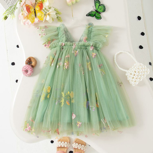 Korean-style girls' embroidered mesh dress for infants and toddlers, sleeveless spaghetti straps, butterfly children princess dress, trendy