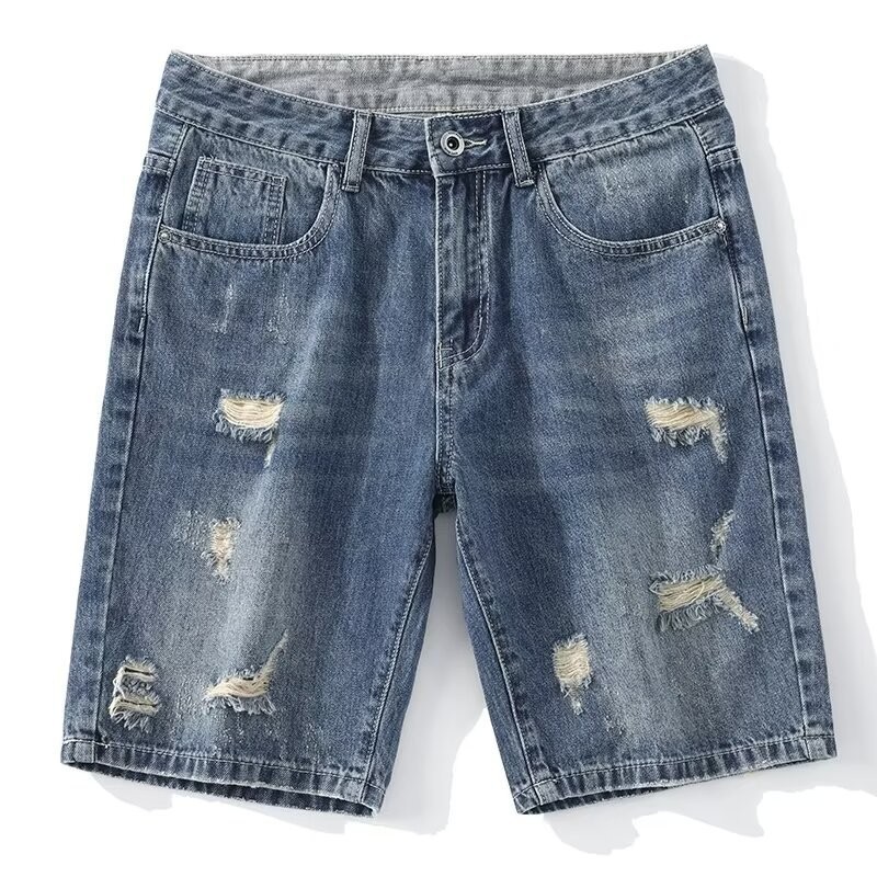 Men's Ripped Denim Shorts Casual Loose Fit Washed Perforated Straight Leg Mid Waist Trendy Summer Style Cotton Five Point Pants_mkmklike.com