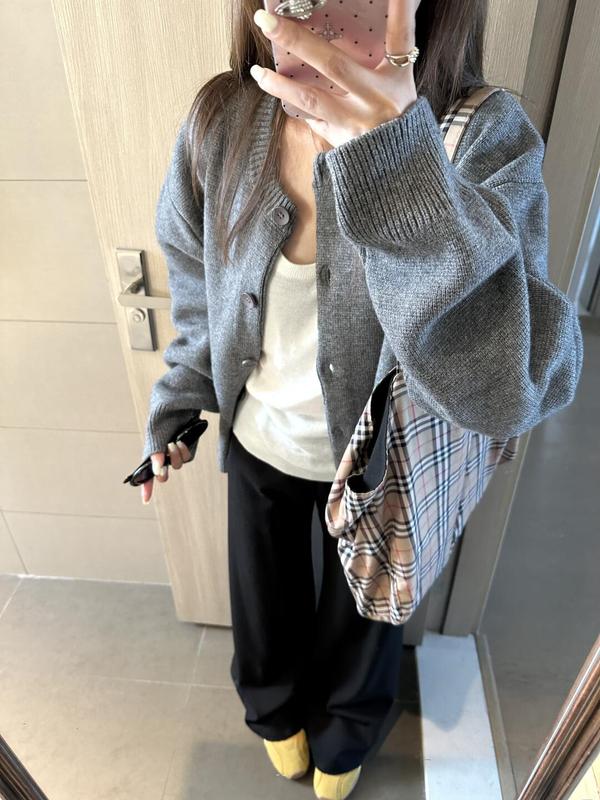 灰色针织开衫女秋季宽松慵懒风休闲百搭感外搭毛衣外套上衣冬|undefined