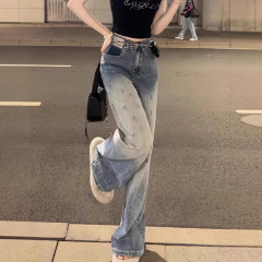 渐变色牛仔裤女夏季薄款裤子设计感高级烫钻阔腿裤宽松直筒拖地裤