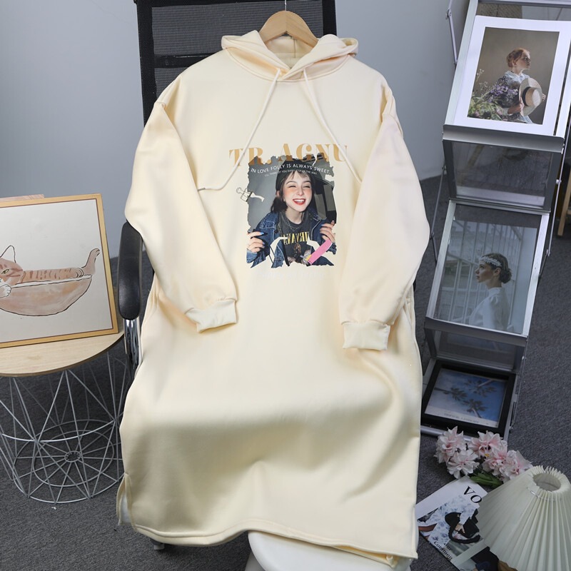 Korean-style sweatshirt dress for autumn and winter, plus-size 100kg long dress with double slits and double pockets, lazy-fit dress Korean-style sweatshirt dress for autumn and winter, plus-size 100kg long dress with double slits and double pockets, lazy-fit dress
