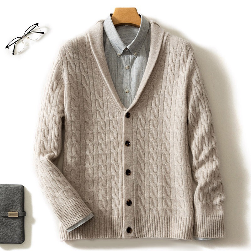 Cashmere Cardigan 2024 Autumn and Winter New Men's Thickeneded Cardigan Green Fruit Collar Wool Knitwear Casual Jacket