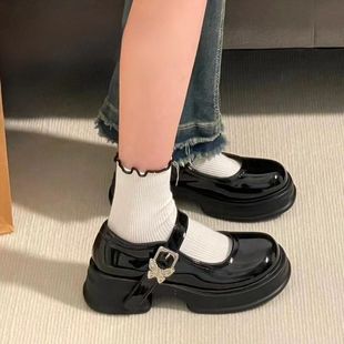 Heightened Summer Black Round Toe Jk Japanese Style Thick-soled French High-heeled Leather Shoes Women's Spring and Autumn Retro Mary Jane Single-layer Shoes