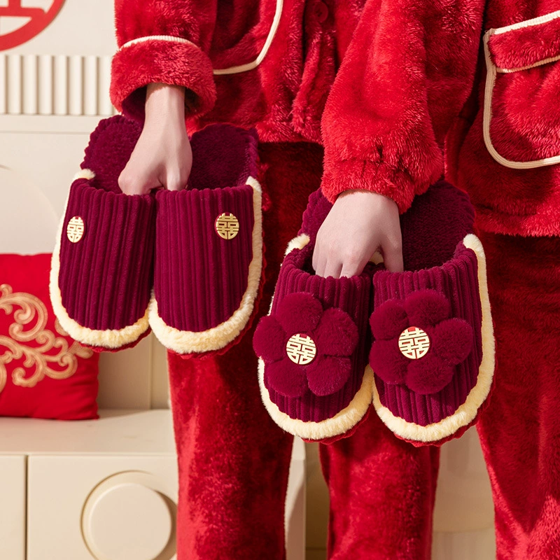 Свадебные хлопковые тапочки Свадебная пара Праздничная красная пара жениха и невесты свадьба домашнее осенне-зимнее роскошное приданое