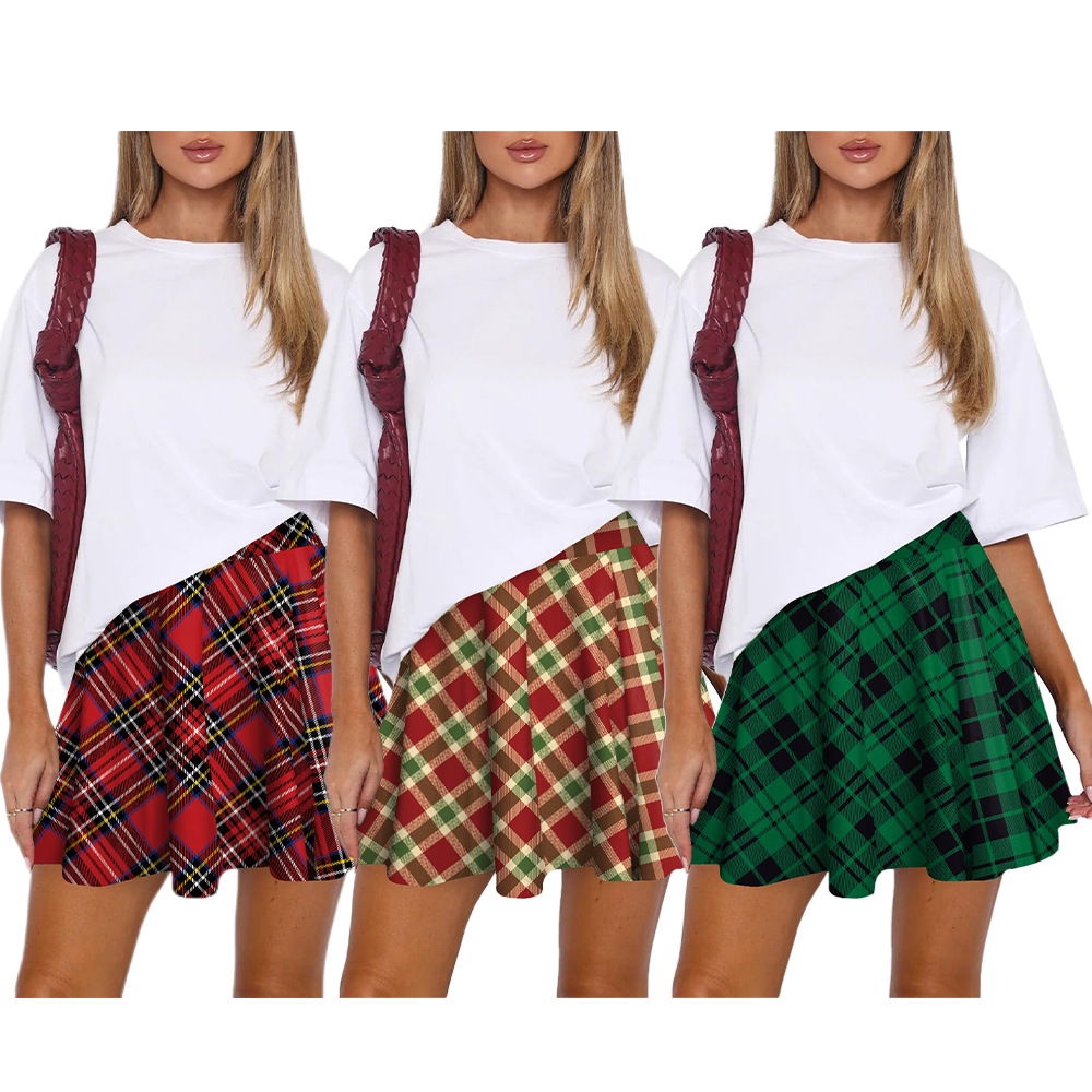 New Foreign Trade European and American Sexy Skirt Milk Silk Pleated Skirt Plaid Digital Printing Skirt Cheerleading Skirt