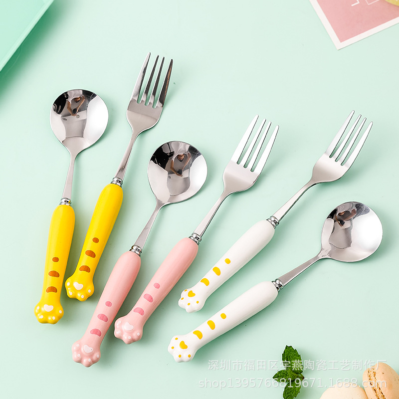卡通猫爪陶瓷不锈钢勺子创意个性餐具叉子儿童小孩吃饭勺汤匙家用