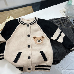 2025 New Autumn and Winter Children's Universal Knitted Sweater Bear Single-breasted Crewneck Cardigan Baby Jacket Western-style Coat