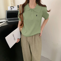ファッション刺繍折り襟半ファスナー半袖セーターニット女性春の新型洋気怠惰上着カジュアル