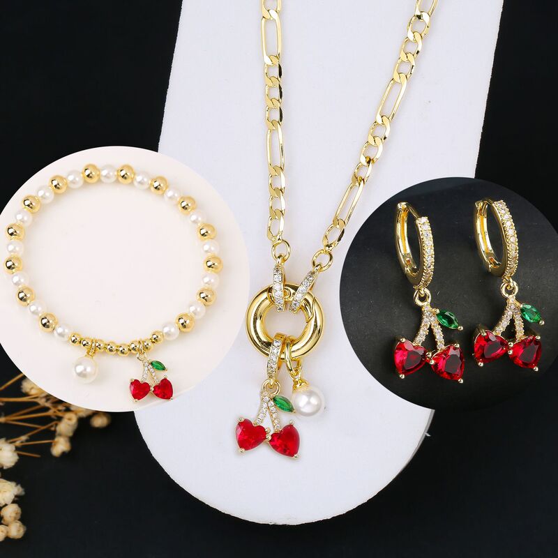 Amazon Cross-Border Popular Micro-Paved Zircon Fruit Cherry Strawberry Pendant Pearl Beaded Bracelet Bracelet Jewelry for Women
