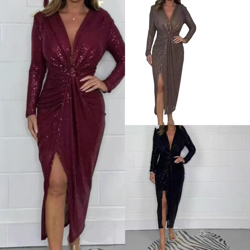 Amazon Independent Station European and American Cross-border Women's Elegant Sequin Low V-Neck Long Sleeve New Year Party Dress dress