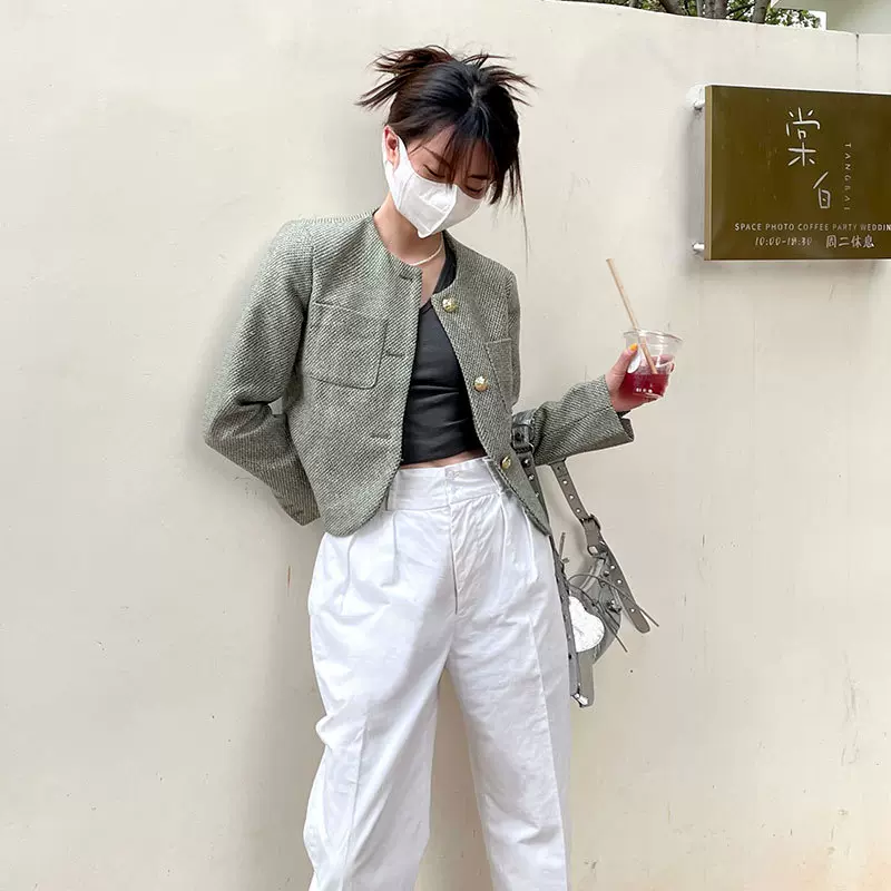 特价清仓小香风编织粗花呢嵌金丝短外套女春圆领阔肩不退不换