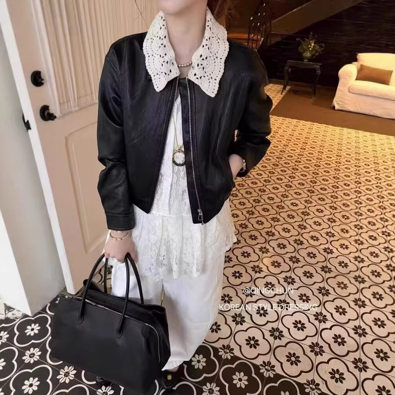 Korean-Style Lace-Trimmed Lapel Patchwork Leather Jacket for Women, 2026 Spring New Fashion Versatile Pu Leather Jacket Korean-Style Lace-Trimmed Lapel Patchwork Leather Jacket for Women, 2026 Spring New Fashion Versatile Pu Leather Jacket