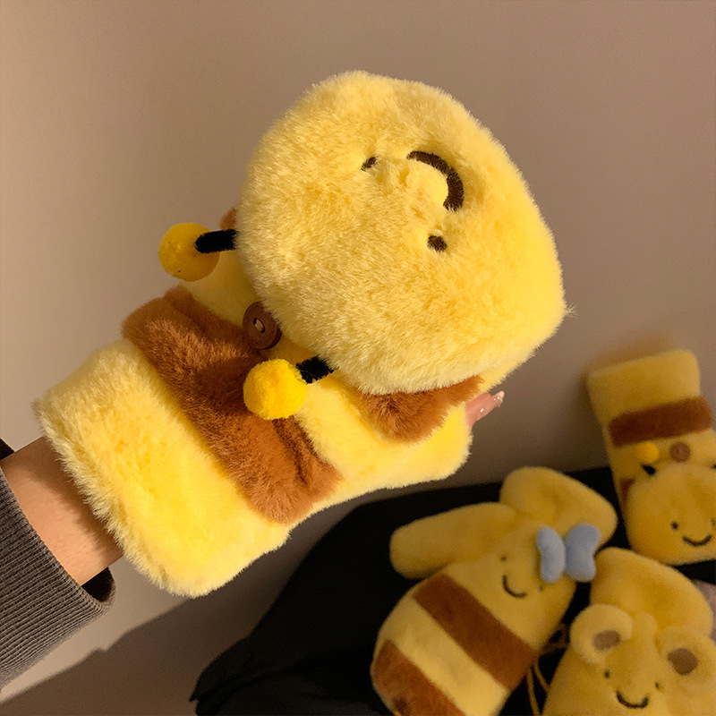 Honey bear arco guantes de peluche amarillos mujeres otoño invierno 2024 caliente versátil a prueba de viento motocicleta