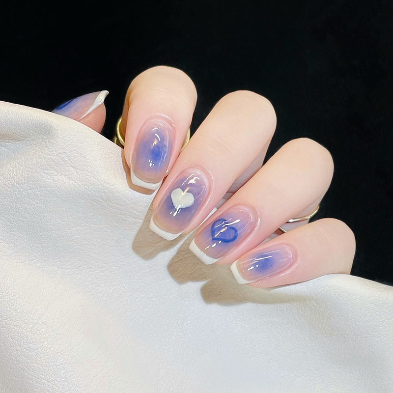 Wearable Nail enhancement Azure Halo ins senior Fake nails Patch Mid length version love White edge A piece of finished product