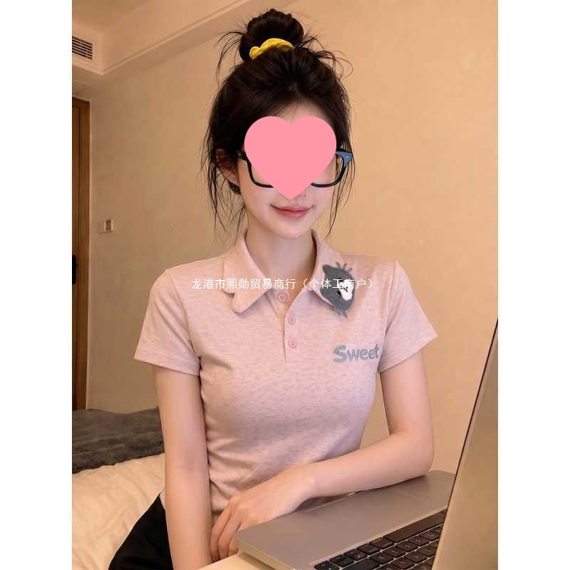 水柔棉短袖T恤女装夏新款韩系设计感卡通刺绣娃娃领上衣粉色腈纶