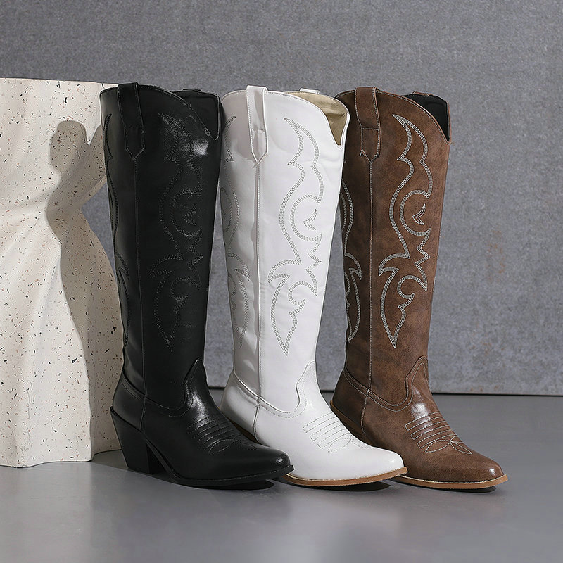 Women's Cowboy boots Embroidered tall pointed girl cowboy boots, vintage chunky heel side zip Rusticale boots_voghion.com