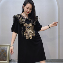 女装连衣裙大翻领短袖T裙2023年新款中长裙子镶钻一件代发包邮