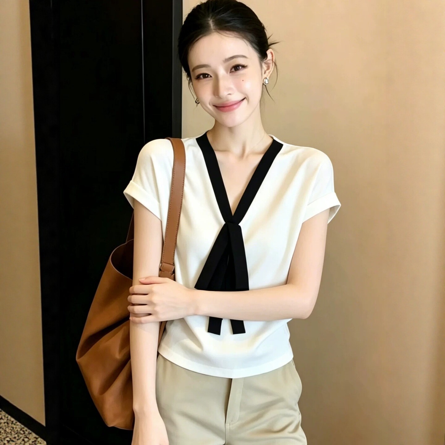 Áo thun nữ cổ V phối màu tay ngắn phong cách Hàn Quốc — Màu ảnh chi tiết 5