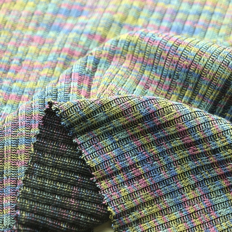 锻彩罗纹布针织纬编七彩段彩棉涤黑丝CVC粗针3x2罗纹布料服装面料