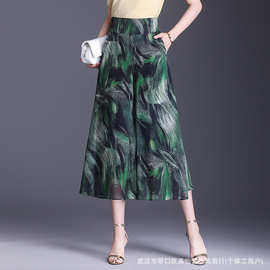 垂坠感雪纺印花七分裙裤2025年夏季新款修身显瘦阔腿裤洋气妈妈裤
