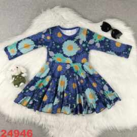 欧美精品店童装外贸批发蓝色花朵印花女话秋季长袖连衣裙
