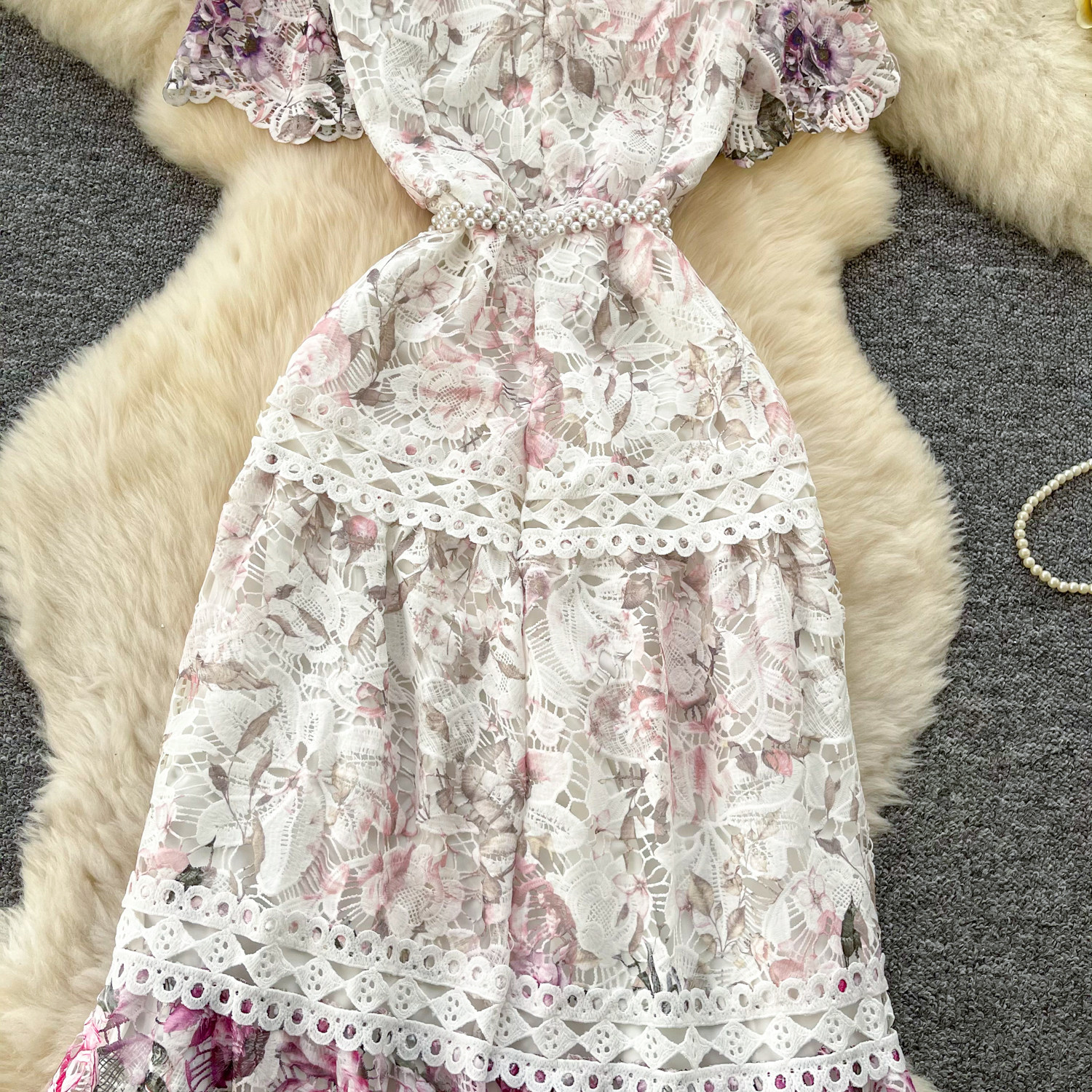 Elegant Retro Women's Dress V-Neck Lace Floral Print Cinched Waist Flared Hem Breathable Lightweight_ecoleips.com