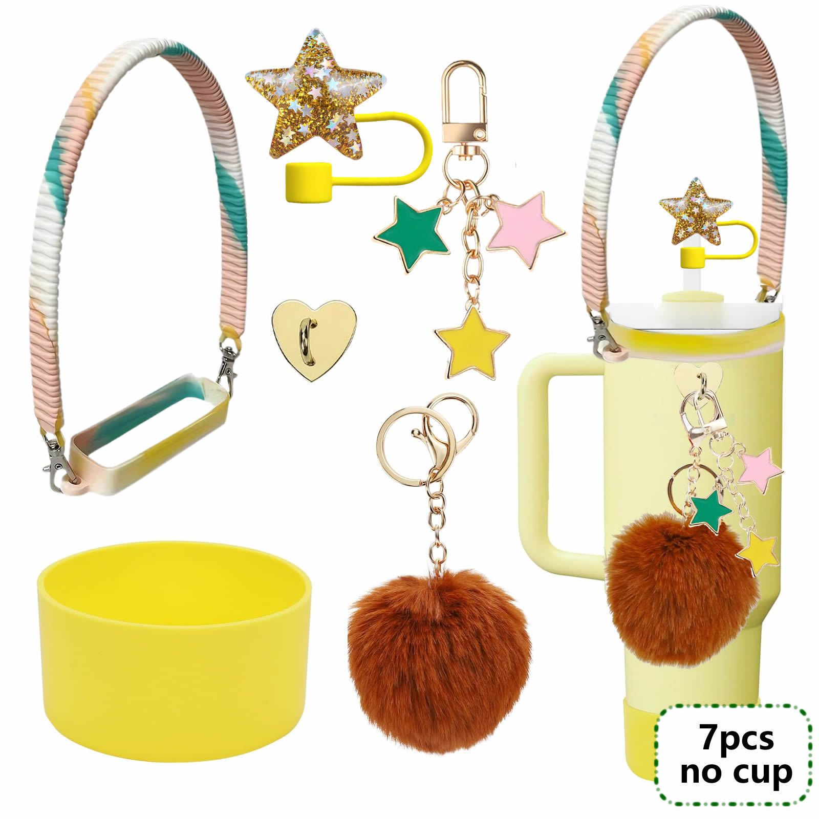 7pcs taza Stanley cuerda de mano colgante de silicona flor tapa de pajita bola de felpa colgante de copa cadena de taza de color