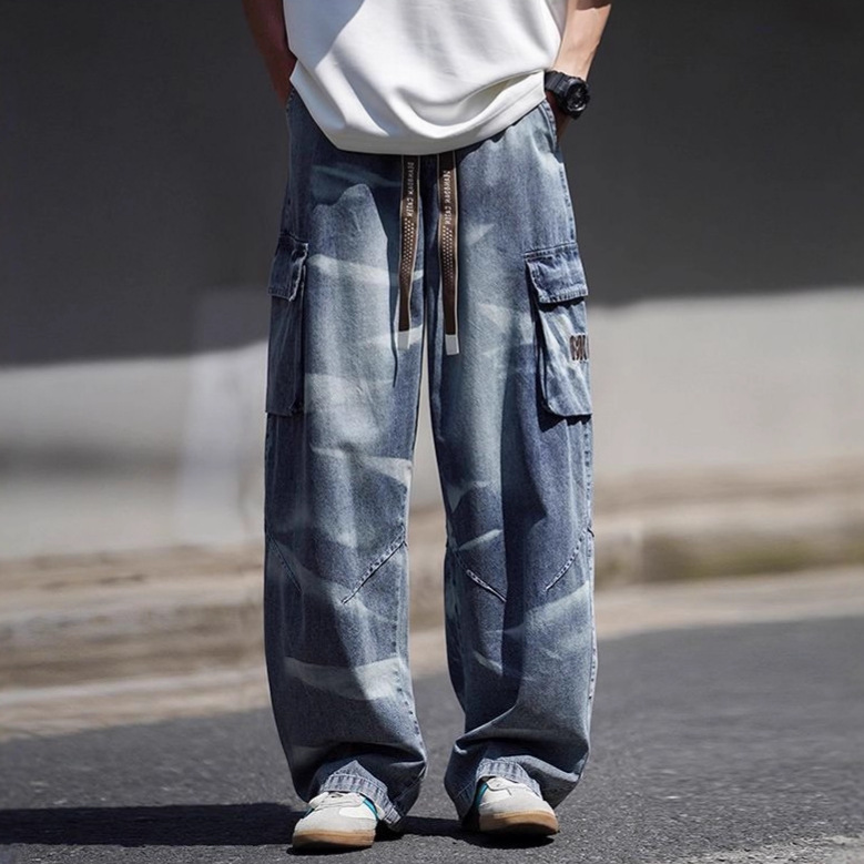 Men's Vintage Light Blue Jeans Retro High Street Hip Hop Design With Pockets Relaxed Straight Leg_mkmklike.com