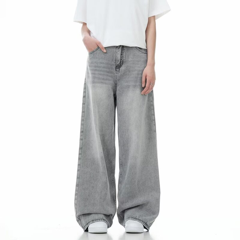 American Retro Vibe Gray Jeans for Men and Women, Versatile Washed and Distressed Loose Wide-Leg Straight Casual Pants