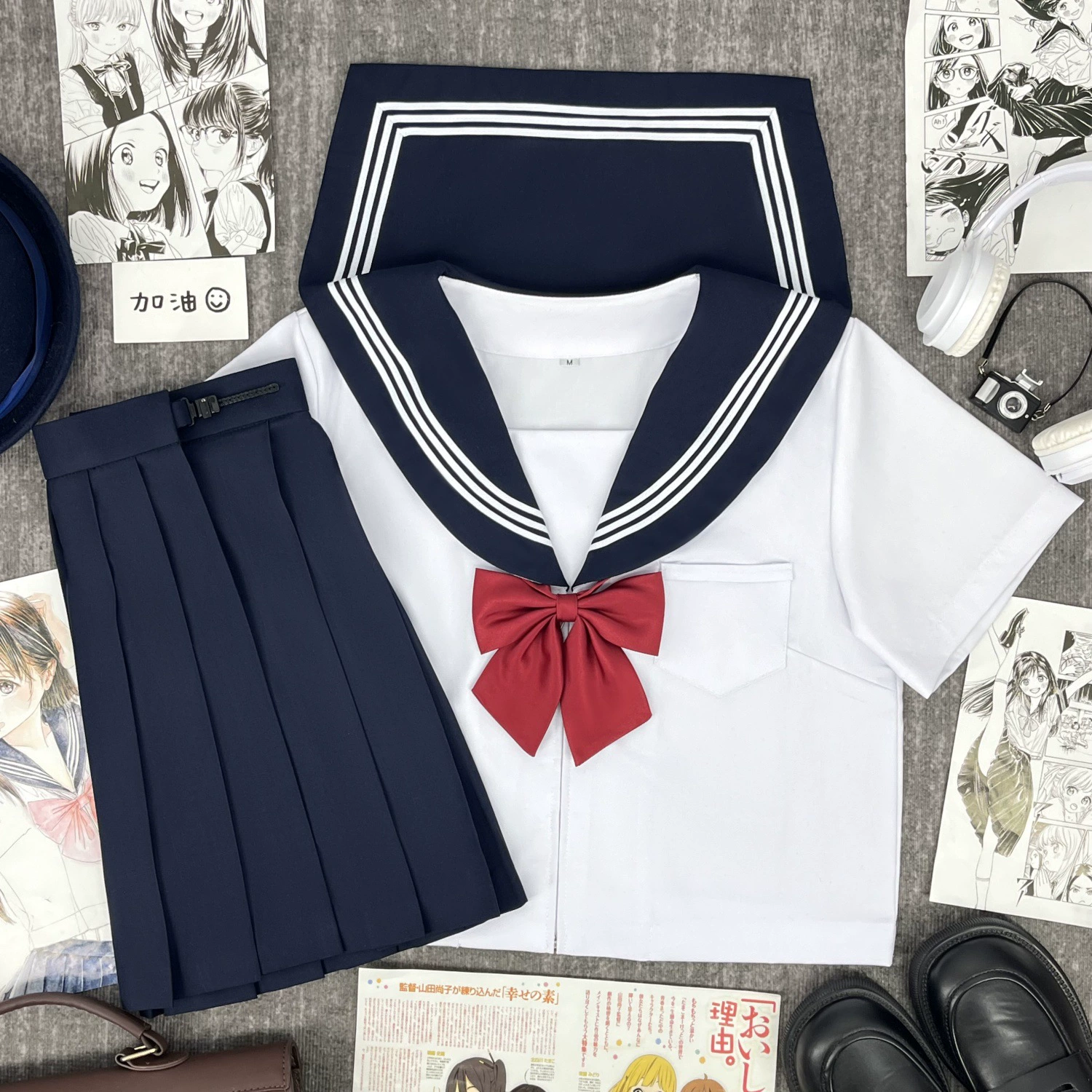 Japanese base student pleated skirt for students, genuine suit, white clothing, (Physicals)