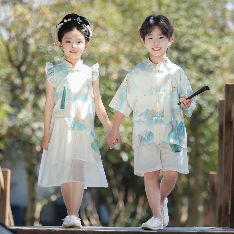男の子と女の子のための子供用漢服、新しい中国風の漢服半袖スーツ、夏の新しい中国風の唐スーツ、中国学のパフォーマンススーツ|undefined