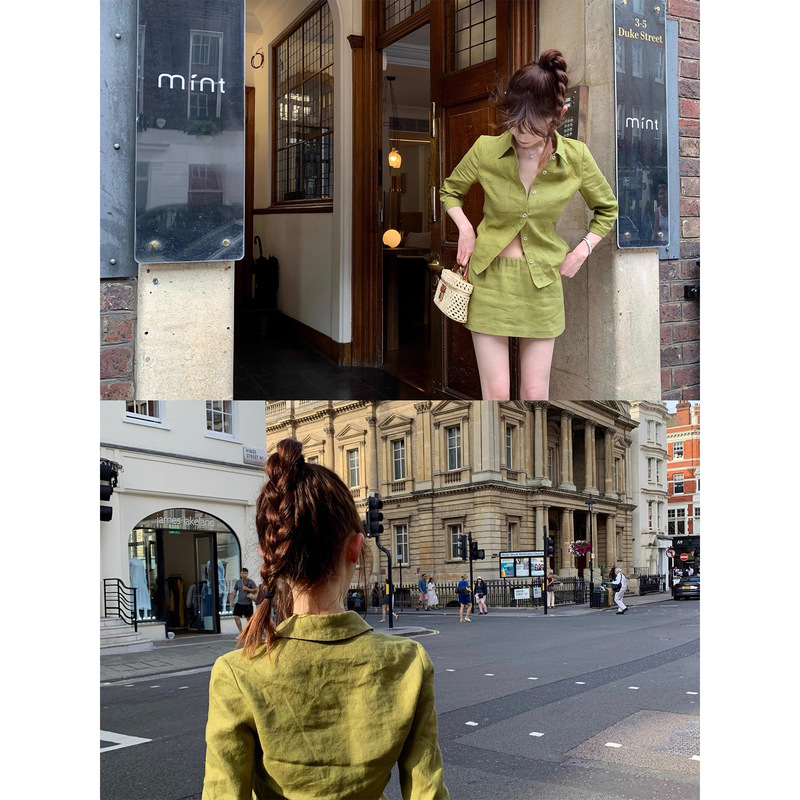 Chi "Linen Story" Linen Three-Quarter Sleeve Waist-Cinching Shirt + Low-Waist Short Skirt Pants Set Chi "Linen Story" Linen Three-Quarter Sleeve Waist-Cinching Shirt + Low-Waist Short Skirt Pants Set