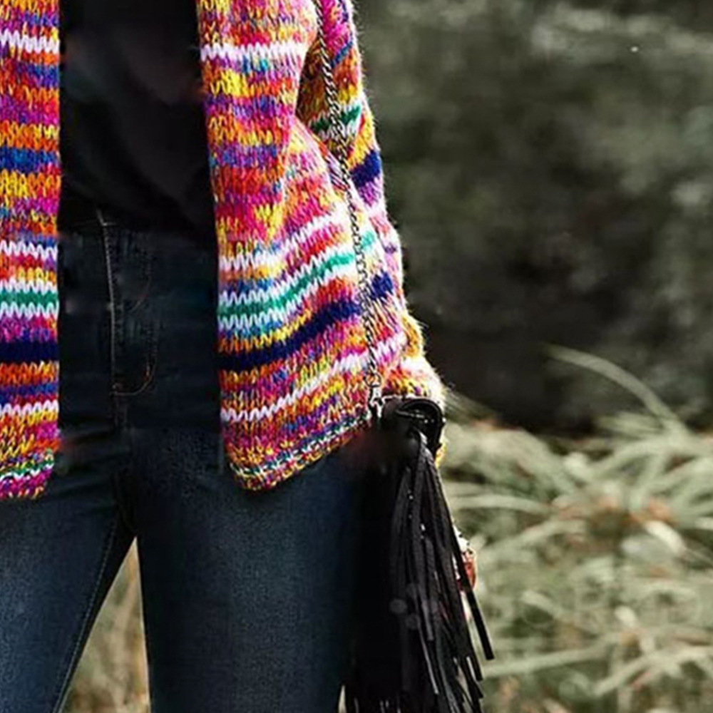 Women's Clothing Autumn And Winter Striped Wool Knitted Loose Knitted Cardigan Thin Coat_voghion.com