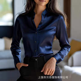 商品图片 2026年3D印花时尚女装优雅缎面秋冬衬衫上衣