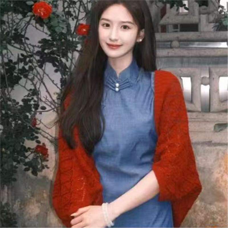 Spring and Autumn Style Republic of China Style New Chinese Style Cheongsam with Shawl Red Whitening Shaoxing Travel Wear Knitted Cardigan Spring and Autumn Style Republic of China Style New Chinese Style Cheongsam with Shawl Red Whitening Shaoxing Travel Wear Knitted Cardigan