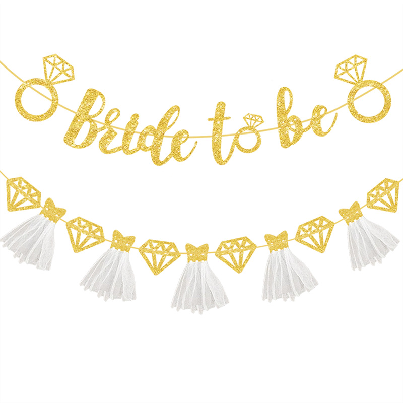 Decoración de fiesta de boda individual europea y americana, bri de to be falda de gasa, anillo de diamantes, pancarta de polvo dorado, brillo