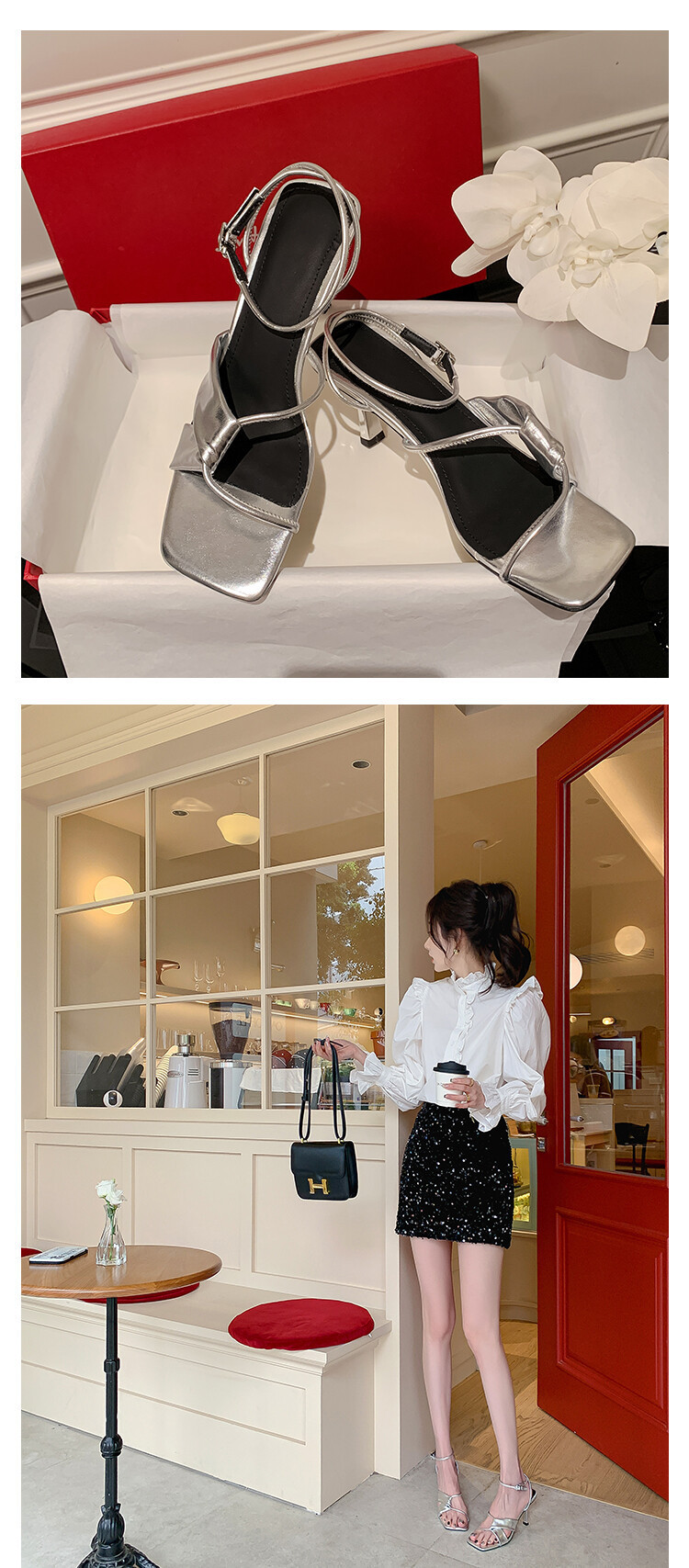 Sandal cao gót nữ hở mũi quai khóa cổ chân gót nhọn 9 cm — Màu vàng, Màu trắng be, Màu bạc chi tiết 21