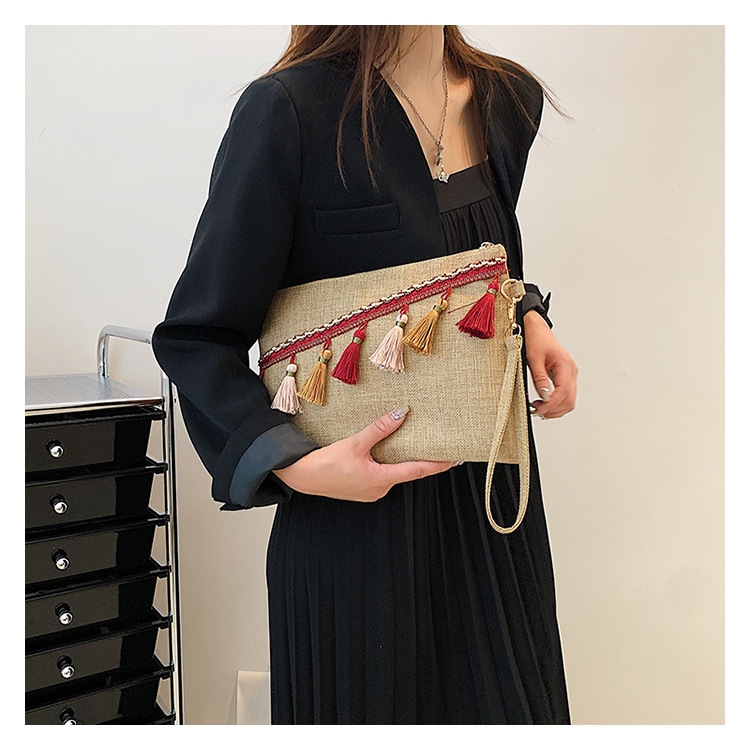 Red Blue Straw Tassel Solid Color Square Evening Bags display picture 2