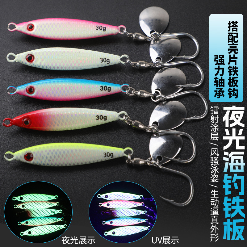 Small Fat Fish Iron Plate Full Luminous Net-Patterned Long-Cast Lure for Sea Fishing, Spinning Spinnerbait for Mackerel, Swordfish, and Hairtail Set