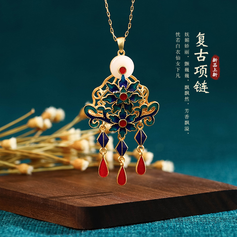 Attractions Stall Best Sellers Chinese style Enamel technology Nephrite  tassels Necklace Ruyi Safe lock Pendant