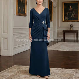 亚马逊跨境外贸晚礼服2026V领褶皱收腰开叉七分袖连衣裙气质优雅