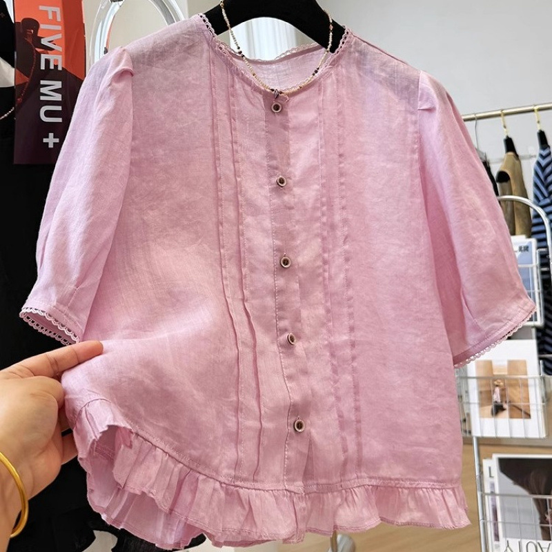 フレンチリネンラウンドネック半袖シャツ女性用夏薄いニッチ多用途ルーズコットンとリネンシャツトップ|undefined