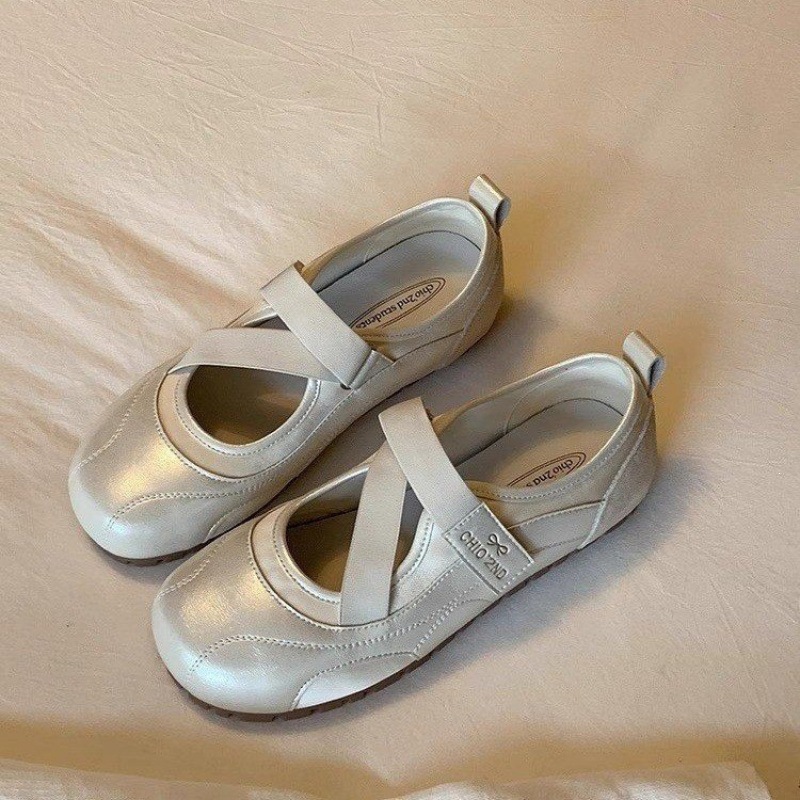 2026 primavera nuevos zapatos de ballet plateados zapatos de mujer correa cruzada zapatos mary-zhen retro francés suave