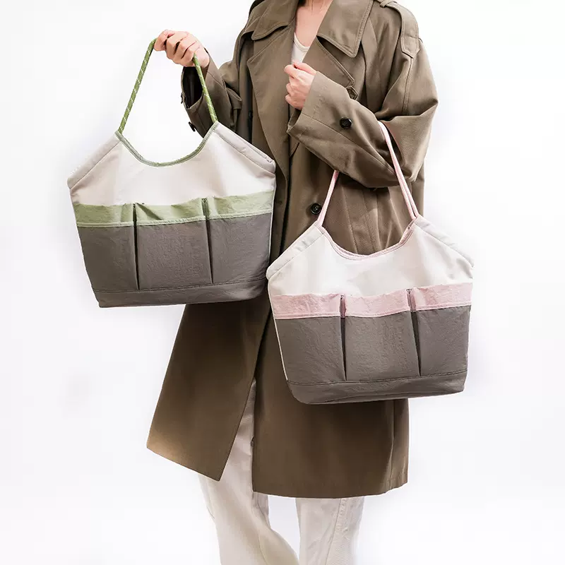 新款拼接简约手提包撞色休闲简约单肩包大容量外出便携收纳妈咪包