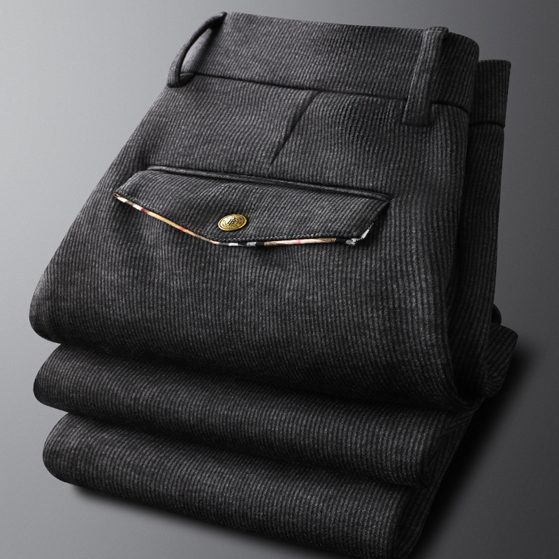 Light Luxury Dark Gray Casual Pants for Men, Slim Fit Pinstripe Business Pants, Autumn and Winter Warm Men's Dress Pants, Stylish