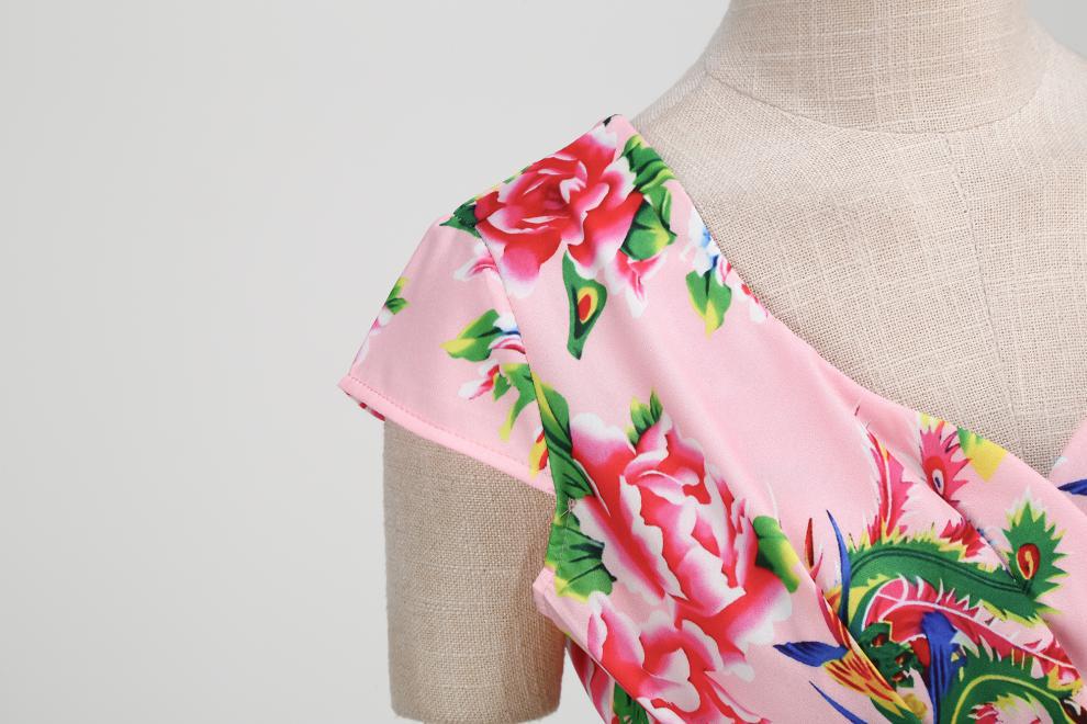 Robe amincissante à imprimé floral rétro et col en V pour femme – Robe d'été élégante mi-longue à manches courtes_voghion.com