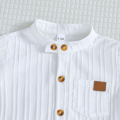2025—Boy's Spring and Summer Outfit: White Striped Short-Sleeve Shirt + Khaki Shorts Set
