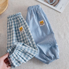 子供の日本製防蚊パンツ 2025 夏の新しい子供のシンプルな綿チェック柄パンツカジュアルロングパンツ多用途