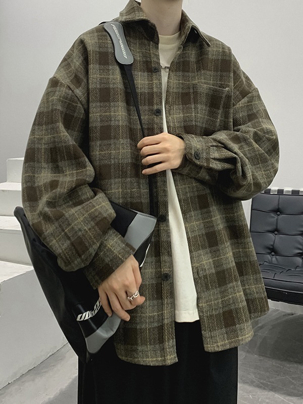 Camisa de cuadros de los hombres de manga larga estilo Hong Kong abrigo de alto grado primavera y otoño ruoshuai estilo japonés Top otoño moda marca ropa de trabajo camisa